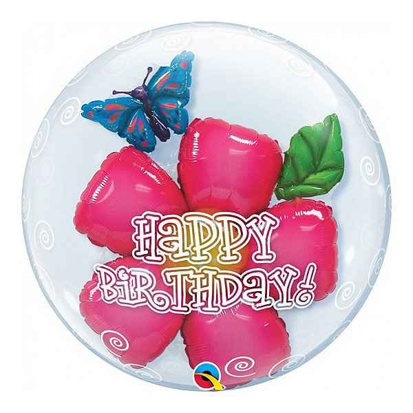 Balão de Festa Bubble 24" 60cm - Flor Happy Birthday - 1 unidade - Qualatex Outlet - Rizzo