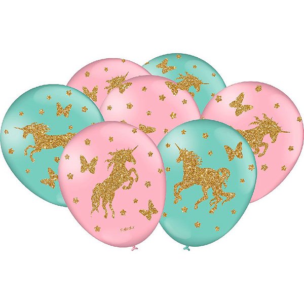 Balão de Festa Decorado Unicornios 9" 23cm - Verde e Rosa - 25 unidades - Festcolor - Rizzo