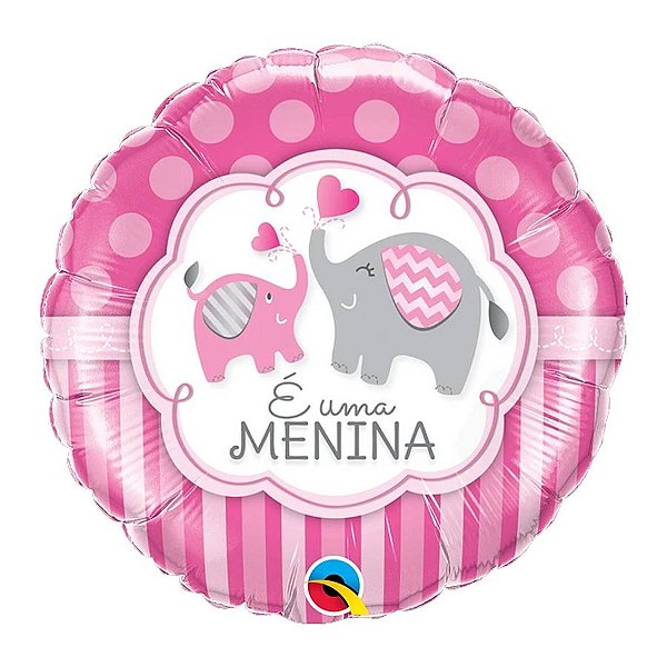 Balão de Festa Microfoil 18" 45cm - Redondo É uma Menina Elefante Rosa - 1 unidade - Qualatex Outlet - Rizzo