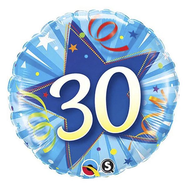 Balão de Festa Microfoil 18" 45cm - Redondo Número 30 Estrela Azul - 1 unidade - Qualatex Outlet - Rizzo