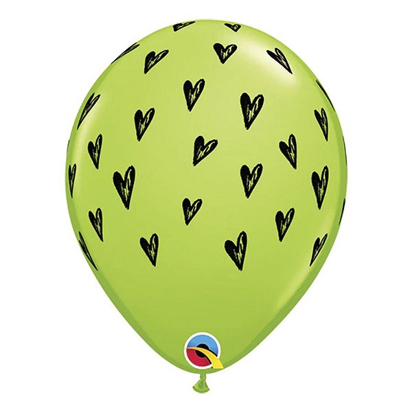 Balão de Festa Látex Liso Decorado - Corações Verde Limão - 11" 27cm - 50 unidades - Qualatex Outlet - Rizzo