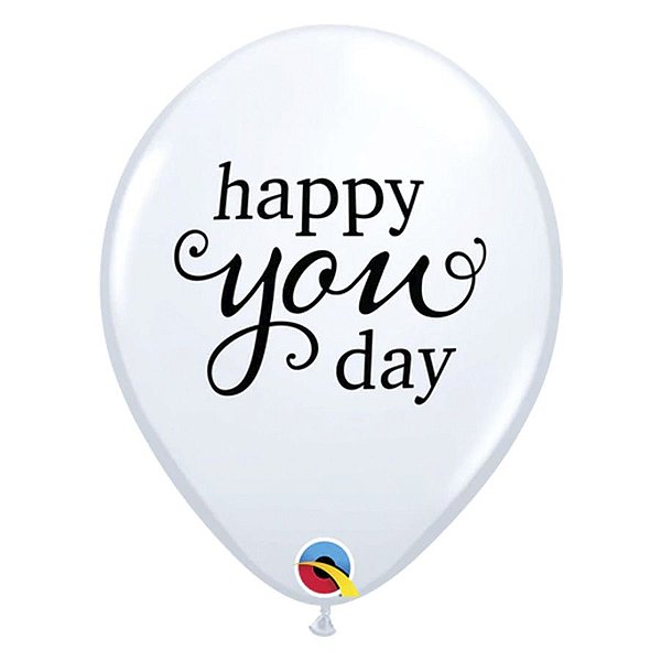 Balão de Festa Látex Liso Decorado - Happy You Day Branco - 11" 27cm - 50 unidades - Qualatex Outlet - Rizzo