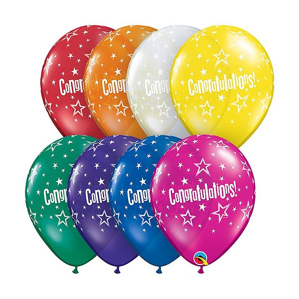 Balão de Festa Látex Liso Decorado - Congratulations Estrela Sortido - 11" 27cm - 50 unidades - Qualatex Outlet - Rizzo