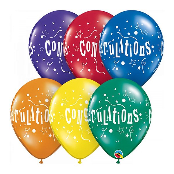 Balão de Festa Látex Liso Decorado - Congratulations Estrela Sortido - 11" 27cm - 50 unidades - Qualatex Outlet - Rizzo