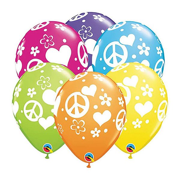 Balão de Festa Látex Liso Decorado - Sinais de Paz e Coração Sortido - 11" 27cm - 50 unidades - Qualatex Outlet - Rizzo