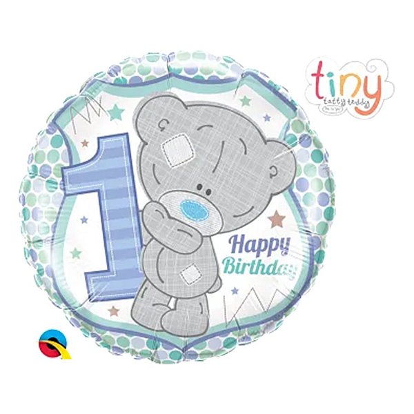 Balão de Festa Microfoil 18" 45cm - Redondo Urso 1° Happy Birthday Azul - 1 unidade - Qualatex Outlet - Rizzo
