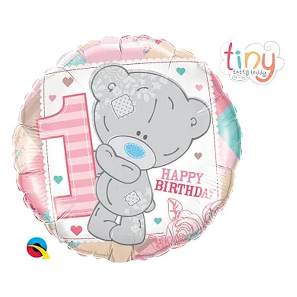 Balão de Festa Microfoil 18" 45cm - Redondo Ursa 1° Happy Birthday Rosa - 1 unidade - Qualatex Outlet - Rizzo