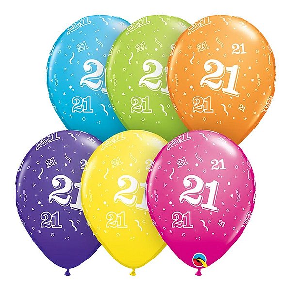 Balão de Festa Látex Liso Decorado - Número 21 Sortido - 11" 27cm - 50 unidades - Qualatex Outlet - Rizzo