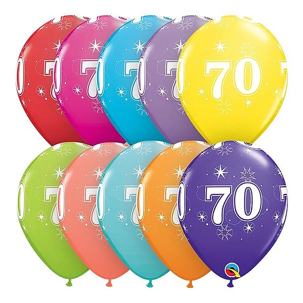 Balão de Festa Látex Liso Decorado - Número 70 Sortido - 11" 27cm - 6 unidades - Qualatex Outlet - Rizzo