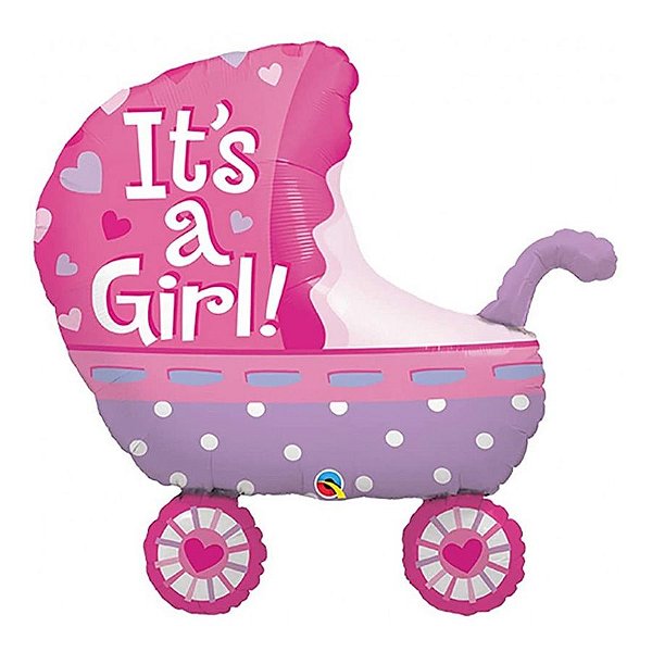 Balão de Festa Microfoil 35" 89cm - Carrinho It's a Girl Rosa - 1 unidade - Qualatex Outlet - Rizzo