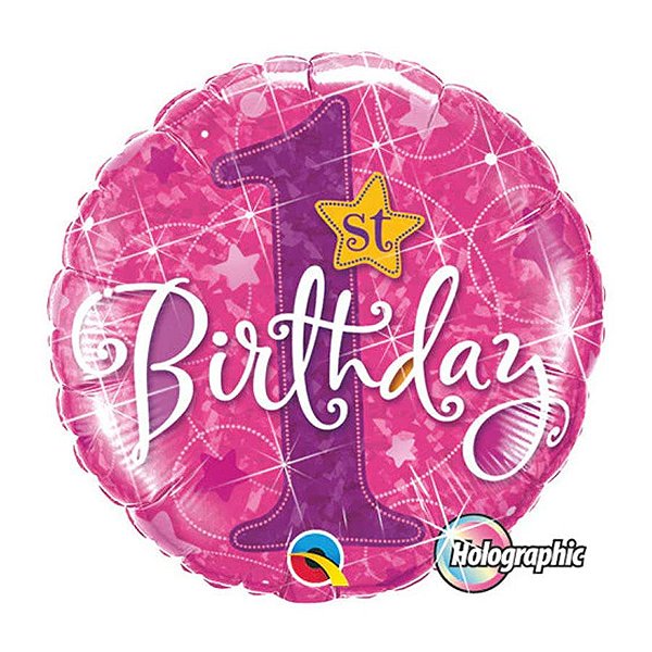 Balão de Festa Microfoil 18" 45cm - Redondo Hol. 1st Birthday Rosa - 1 unidade - Qualatex Outlet - Rizzo
