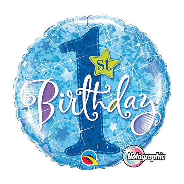 Balão de Festa Microfoil 18" 45cm - Redondo Hol. 1st Birthday Azul - 1 unidade - Qualatex Outlet - Rizzo
