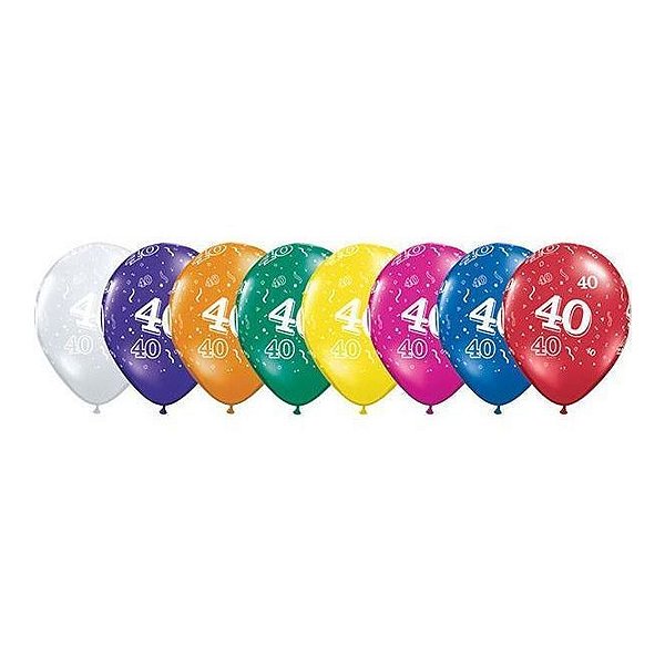 Balão de Festa Látex Liso Decorado - Número 40 Sortido - 11" 27cm - 50 unidades - Qualatex Outlet - Rizzo