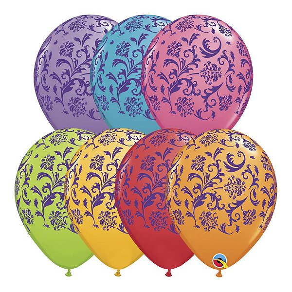 Balão de Festa Látex Liso Decorado - Estampa Damasco Sortidos - 11" 27cm - 50 unidades - Qualatex Outlet - Rizzo