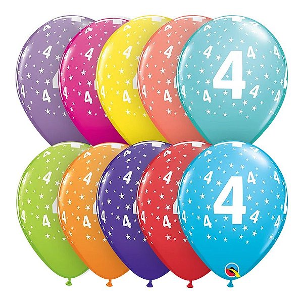 Balão de Festa Látex Liso Decorado - Número 4 Estrela Sortidos - 11" 27cm - 6 unidades - Qualatex Outlet - Rizzo
