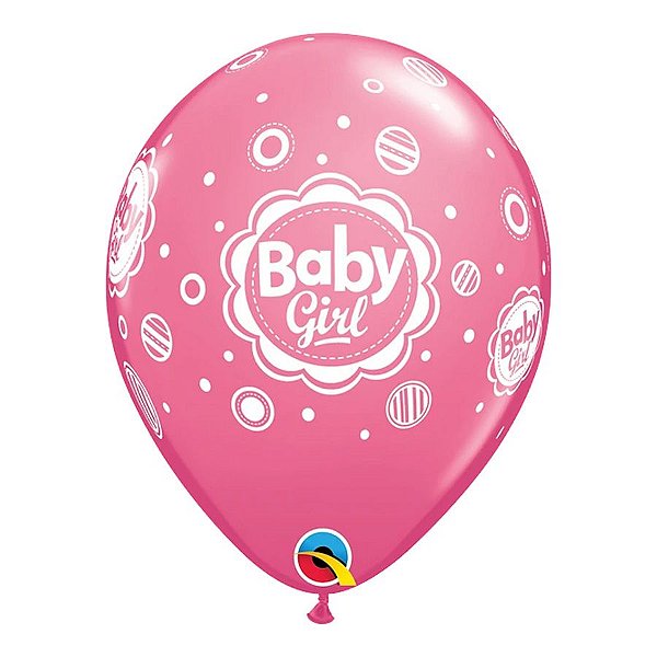 Balão de Festa Látex Liso Decorado - Baby Girl! Bolinhas Rosa - 11" 27cm - 6 unidades - Qualatex Outlet - Rizzo