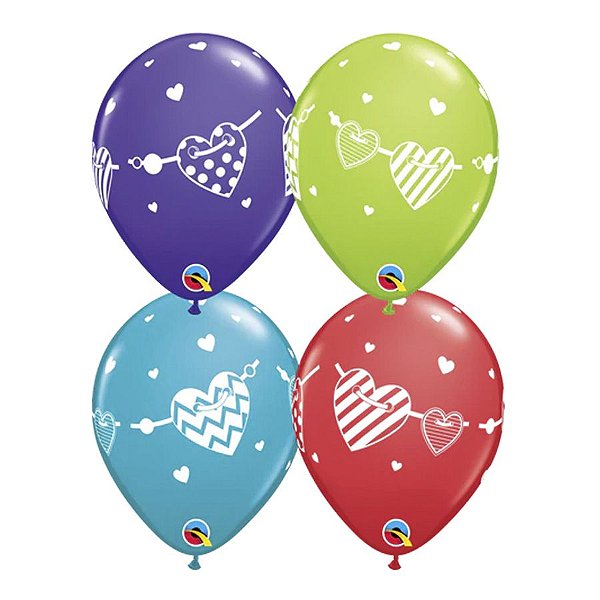 Balão de Festa Látex Liso Decorado - Bandeirolas Corações Sortidos - 11" 27cm - 50 unidades - Qualatex Outlet - Rizzo