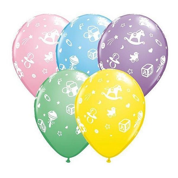 Balão de Festa Látex Liso Decorado - Berçario de Bebê Sortido - 11" 27cm - 50 unidades - Qualatex Outlet - Rizzo
