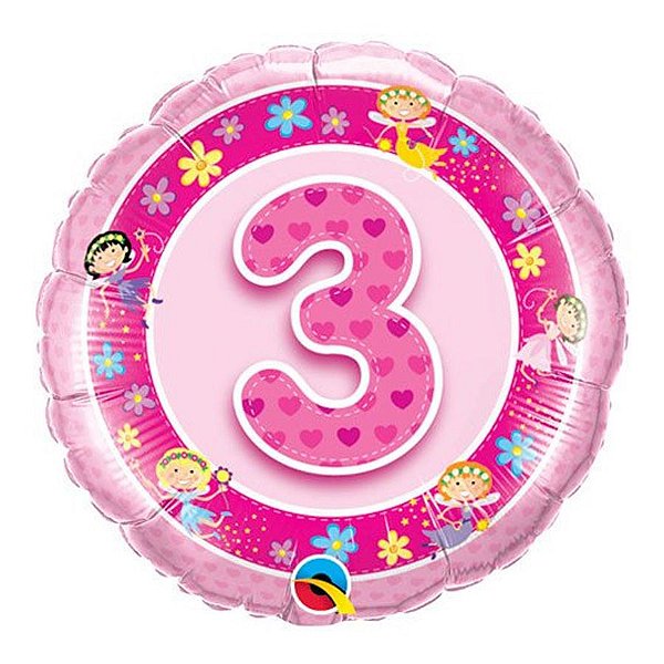 Balão de Festa Microfoil 18" 45cm - Redondo Número 3 Fadas Rosa - 1 unidade - Qualatex Outlet - Rizzo