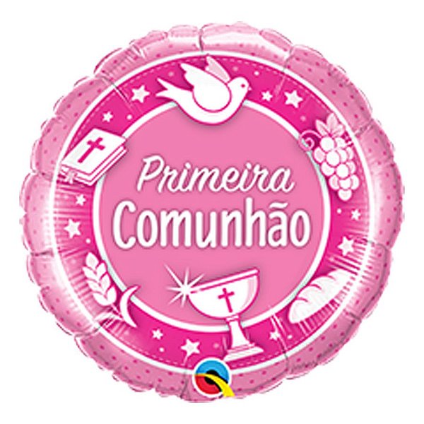 Balão de Festa Microfoil 18" 45cm - Primeira Comunhão Rosa - 1 unidade - Qualatex Outlet - Rizzo