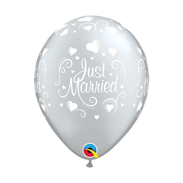 Balão de Festa Látex Liso Decorado - Just Married! Corações - 11" 27cm - 6 unidades - Qualatex Outlet - Rizzo