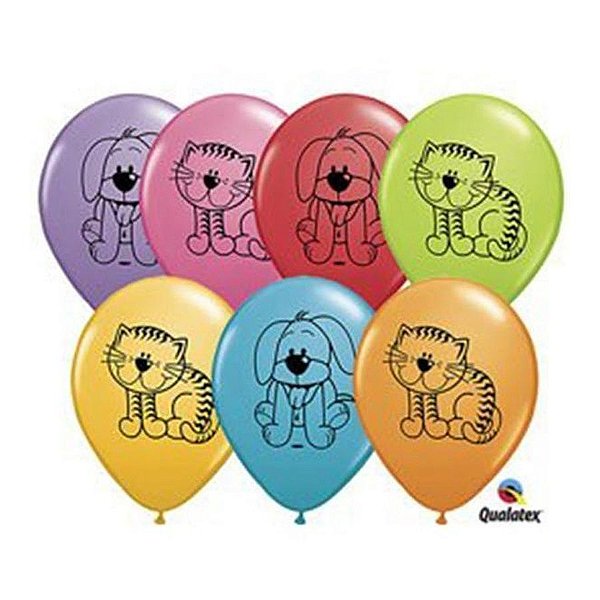 Balão de Festa Látex Liso Decorado - Gatinho e Cachorrinho Sortidos - 11" 27cm - 50 unidades - Qualatex Outlet - Rizzo