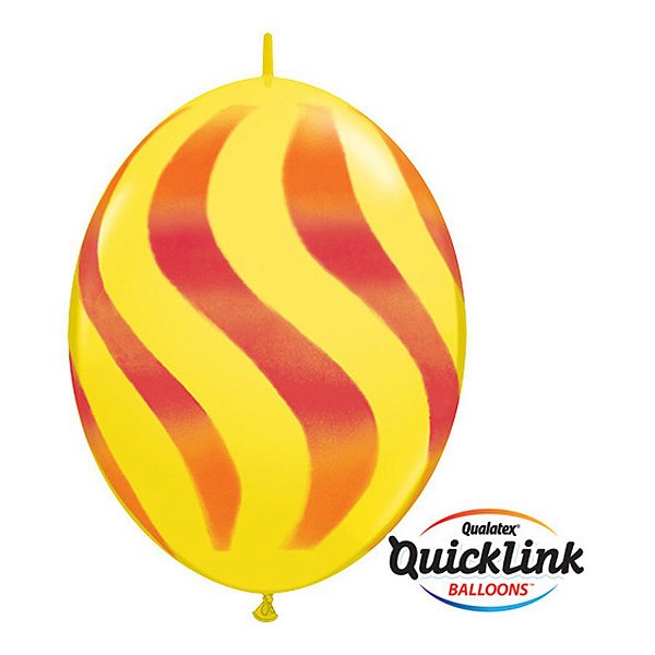 Balão de Festa Látex Liso Q-Link - Amarelo Listras Onduladas Laranjas - 12" 30cm - 50 unidades - Qualatex Outlet - Rizzo