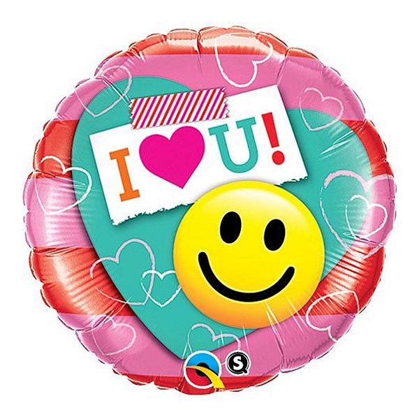 Balão de Festa Microfoil 18" 45cm - Redondo I Love You! Carinha Sorridente - 1 unidade - Qualatex Outlet - Rizzo