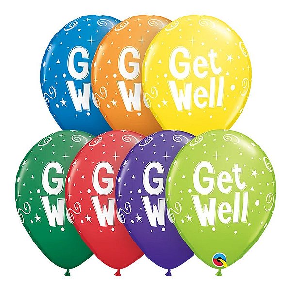 Balão de Festa Látex Liso Decorado - Get Well! Espirais Sortido - 11" 27cm - 6 unidades - Qualatex Outlet - Rizzo