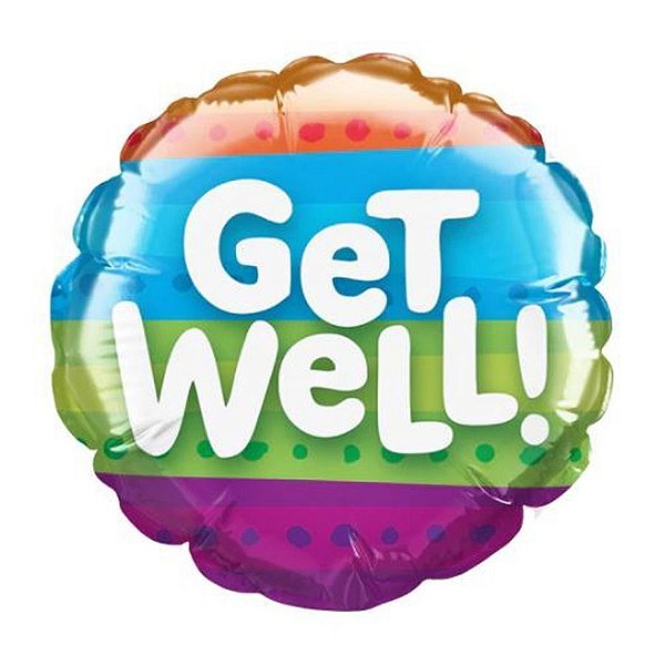 Balão de Festa Microfoil 4" 10cm - Redondo Get Well! Listras Coloridas - 1 unidade - Qualatex Outlet - Rizzo