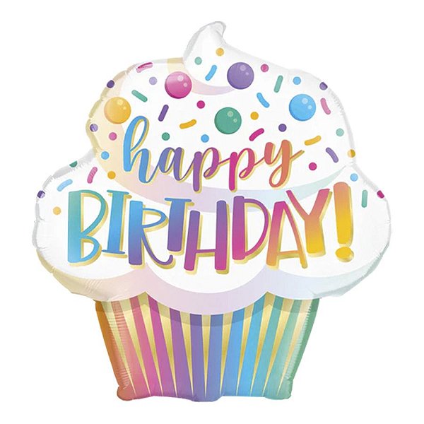 Balão de Festa Microfoil 31" 78cm - Ombre Bolinho Happy Birthday - 1 unidade - Qualatex Outlet - Rizzo