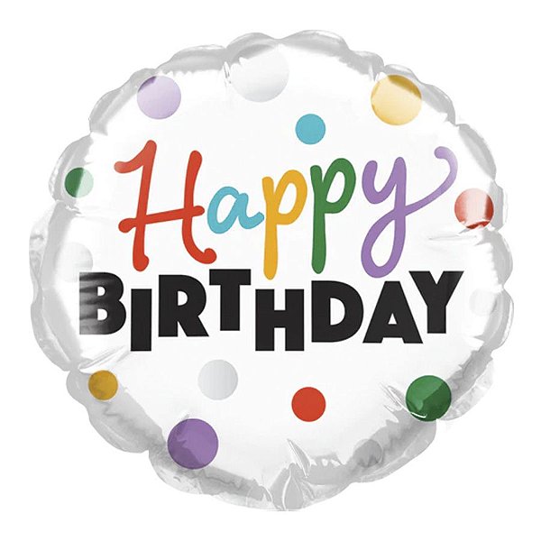 Balão de Festa Microfoil 4" 10cm - Redondo Happy Birthday! Poas Coloridos - 1 unidade - Qualatex Outlet - Rizzo