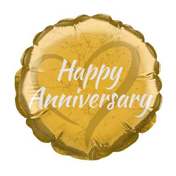 Balão de Festa Microfoil 4" 10cm - Redondo Happy Anniversary! Coração Ouro - 1 unidade - Qualatex Outlet - Rizzo