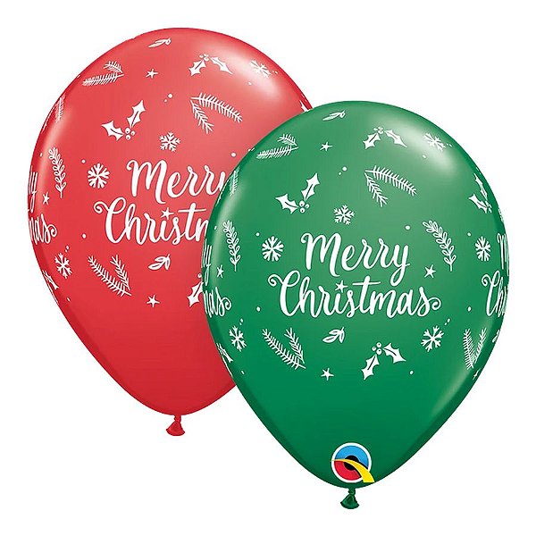 Balão de Festa Látex Liso Decorado - Merry Christmas! Vermelho/Verde - 11" 27cm - 50 unidades - Qualatex Outlet - Rizzo