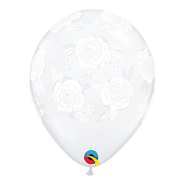 Balão de Festa Látex Liso Decorado - Rosas em Flor Transparente - 11" 27cm - 50 unidades - Qualatex Outlet - Rizzo