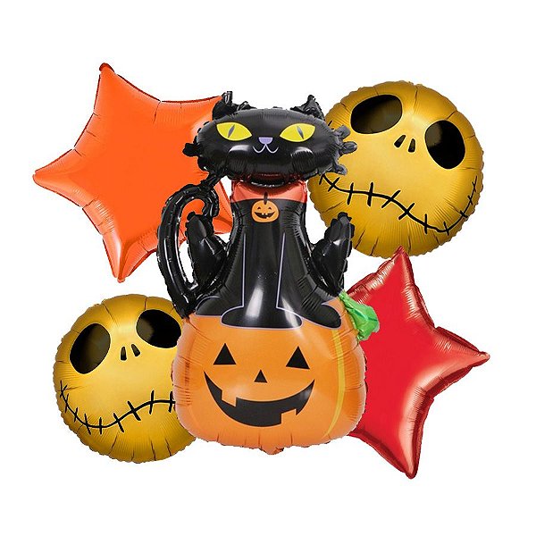 Kit Balões Gato Preto - Buque com 5 Balões - Rizzo Balões