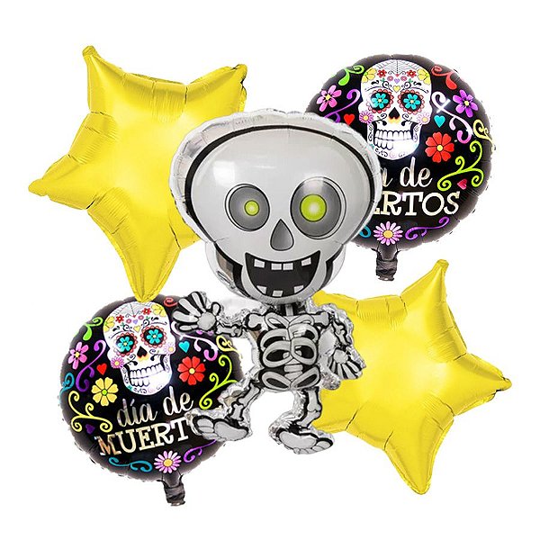 Kit Balões Caveira Halloween - Buque com 5 Balões - Rizzo Balões