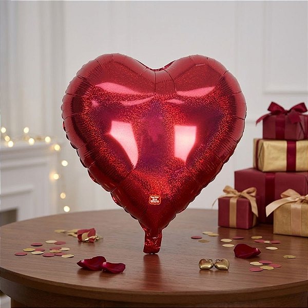 Balão de Festa Metalizado 35" 90cm - Coração Glitter - Vermelho - 1 unidade - Balões São Roque - Rizzo