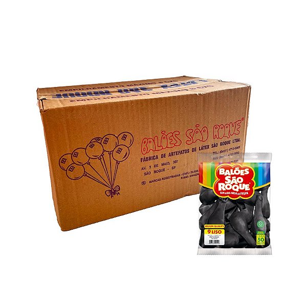 Balão de Festa Látex Liso 9'' - Preto ébano - Caixa com 25 pacotes - 1250 unidades - Atacado São Roque - Rizzo