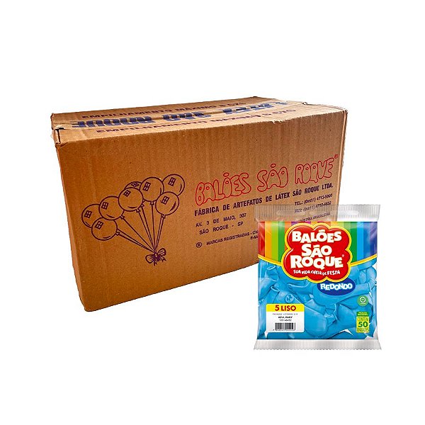 Balão de Festa Látex Liso 5'' - Azul Baby - Caixa com 25 pacotes - 1250 unidades - Atacado São Roque - Rizzo