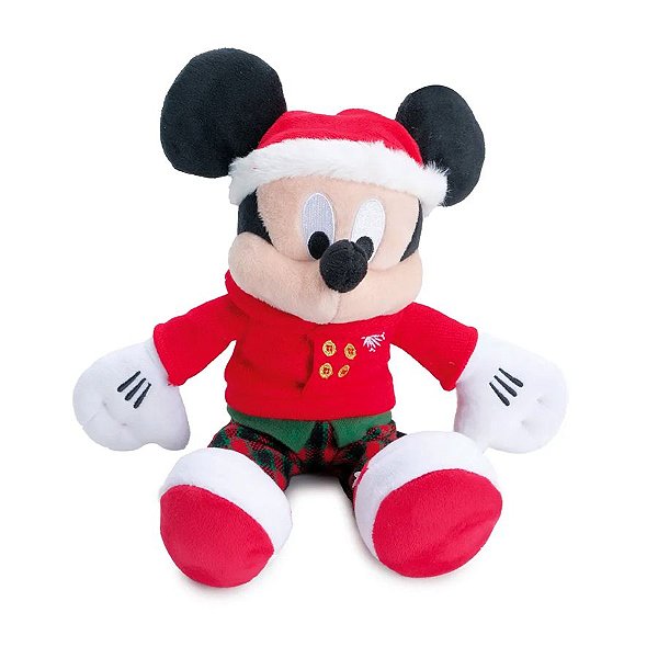 Pelúcia Mickey Natalino com Calça Xadrez e Gorro - Vermelho/Verde/Preto - 33cm - 1 unidade - Cromus - Rizzo