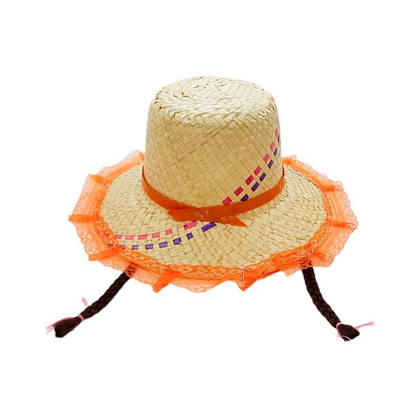 Chapéu de Palha de Renda com Trança Marrom - Laranja - 1 unidade - Rizzo
