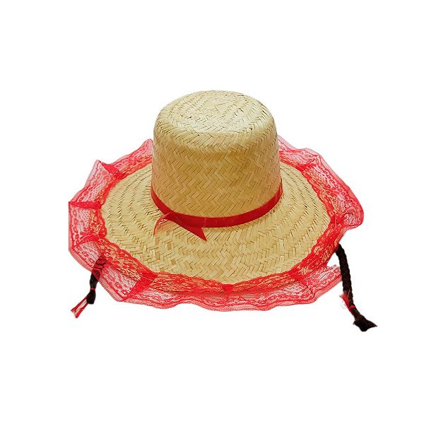Chapéu de Palha de Renda com Trança - Vermelho com Trança Marrom - 1 unidade - Rizzo