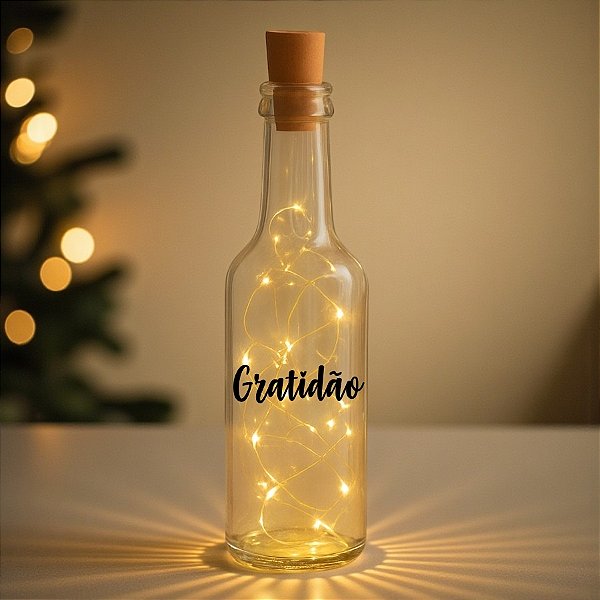 Garrafa Long Neck de Vidro com Rolha LED - Gratidão - 01 unidade - Rizzo