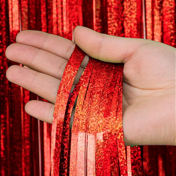 Cortina Decorativa Metalizada Holográfica Vermelho 1x2m - 1 unidade - Rizzo