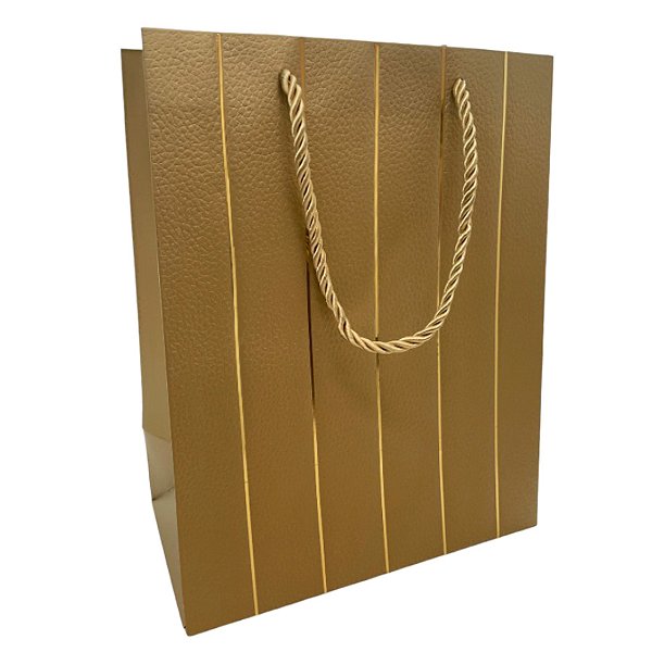 Sacola de Papel para Presente Listras Almofadadas - Dourada - 32x26x12xcm - 1 unidade - Rizzo