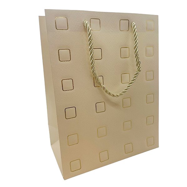 Sacola de Papel para Presente Quadrados Almofadados - Creme - 32x26x12cm - 1 unidade - Rizzo