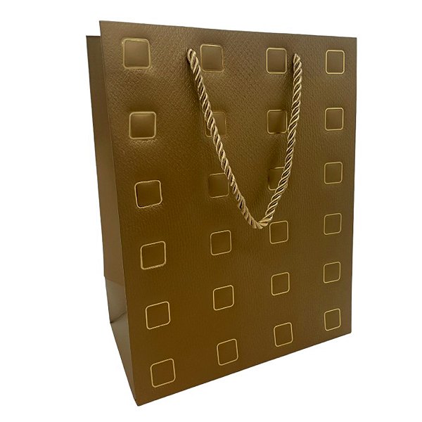 Sacola de Papel para Presente Quadrados Almofadados - Dourada - 32x26x12cm - 1 unidade - Rizzo