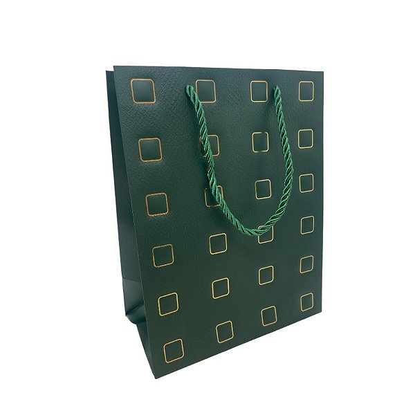 Sacola de Papel para Presente Quadrados Almofadados - Verde - 23x18x10cm - 1 unidade - Rizzo