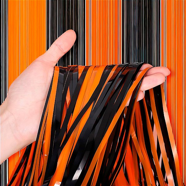 Cortina Decorativa Metalizada Laranja/Preto 1x2m - 1 unidade - Rizzo